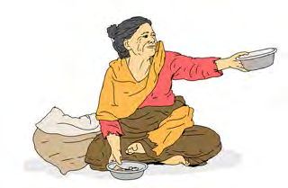 An old woman holds out her bowl and waits for help.