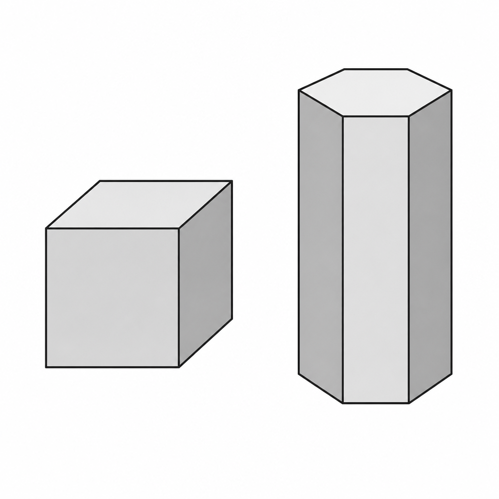 On the left the cubical shape, which pyrite takes. On the right the prism shape, which tourmaline takes.