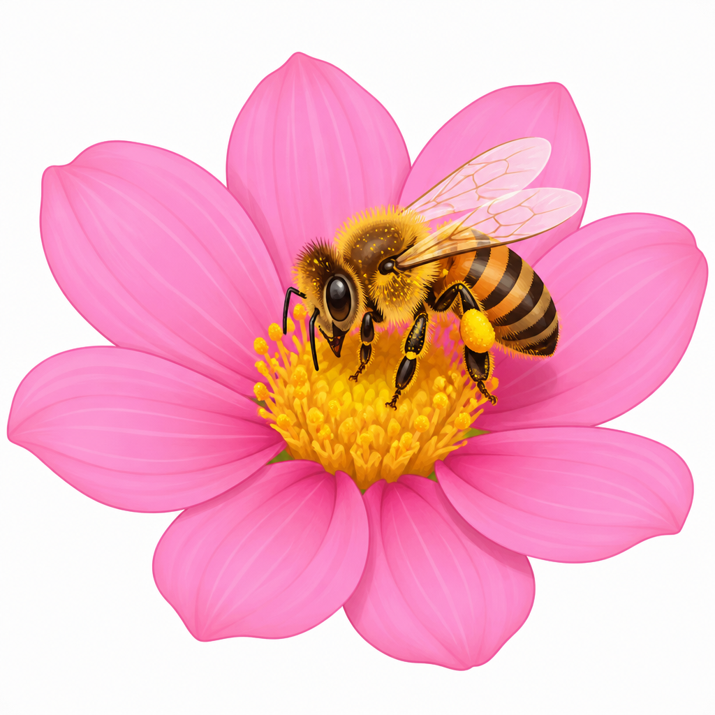 Pollen sticks to the legs and wings of an insect and travels with it to the next flower.