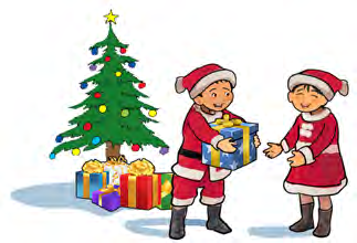 Children in red exchanging gifts beside a decorated Christmas tree.
