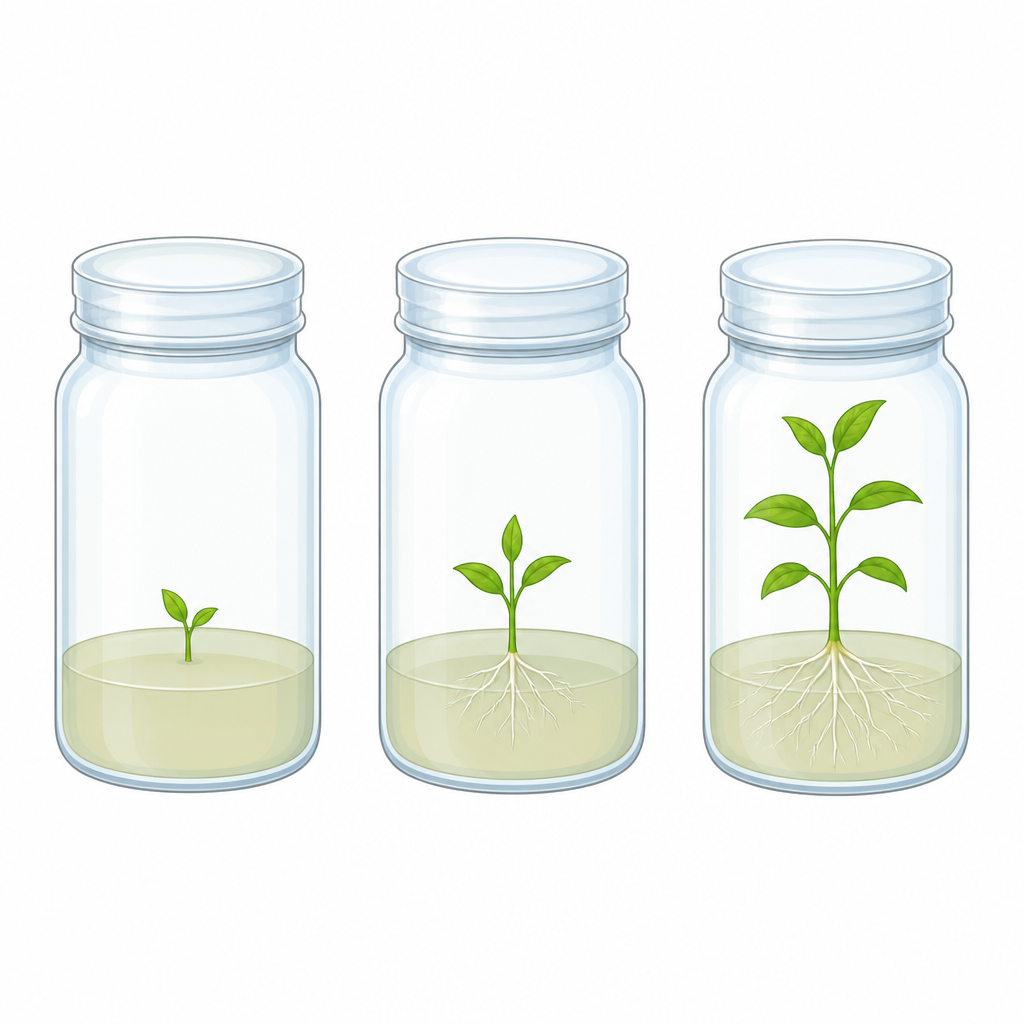 In tissue culture, auxin and cytokinin mixed in balance into the artificial medium make the tiny plantlet's roots and shoot grow fast.