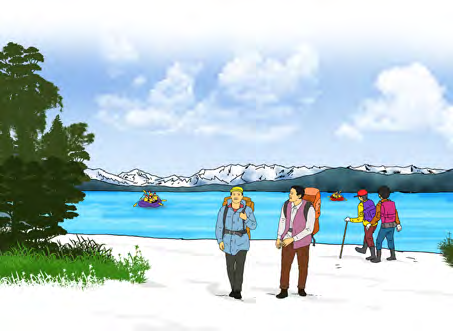 Trekkers walking beside Rara Lake. The hills and green forests are reflected in the crystal clear water like a mirror.