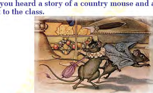 The two mice flee from a table heaped with rich food: the city feast is not as safe as it looks.