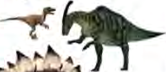 A plant-eating dinosaur with a long crest on its head, and a small meat eater standing beside it.