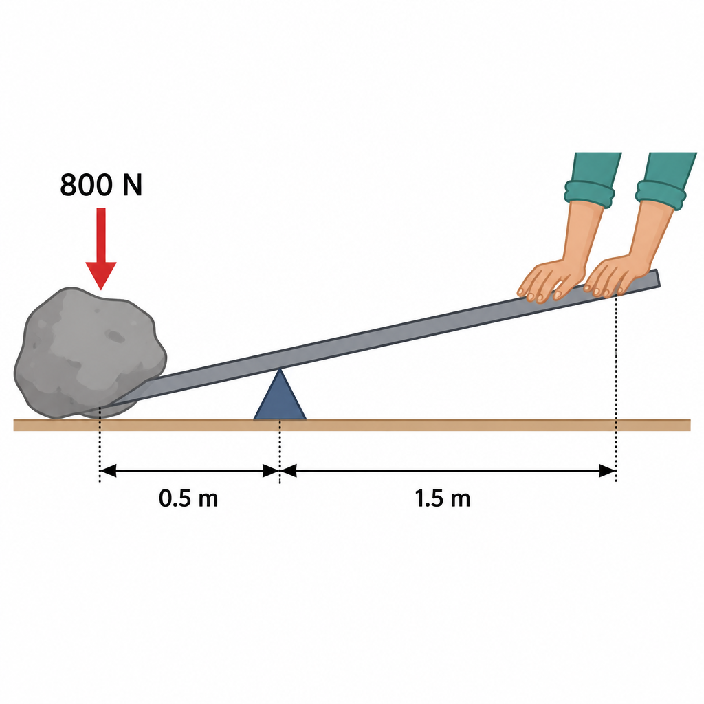 On one side of the fulcrum the 800 N load of the stone acts at 0.5 m, and on the other side the hands press at 1.5 m. Once these three numbers are known, the fourth can be worked out.
