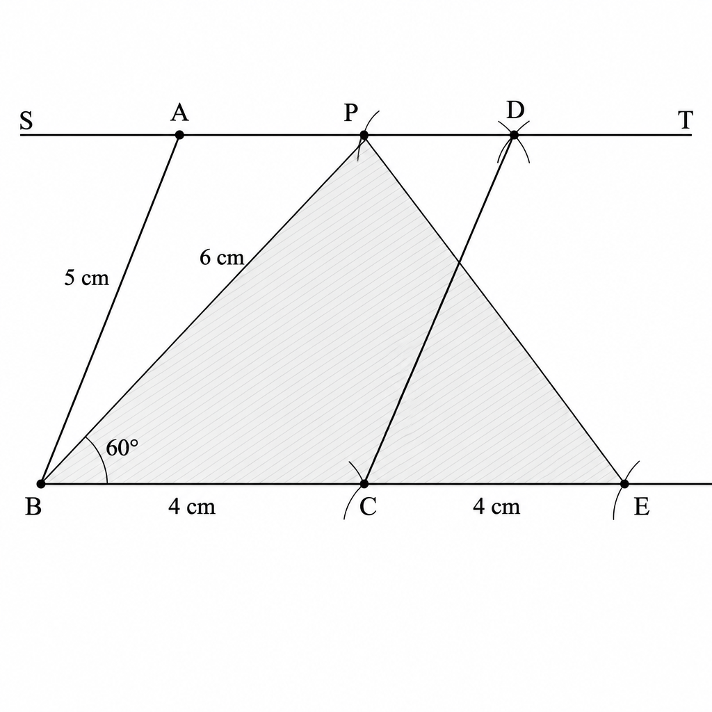 The finished construction: triangle PBE, shaded, stands on BE, which is twice BC, between the same parallels ST and BE as parallelogram ABCD.