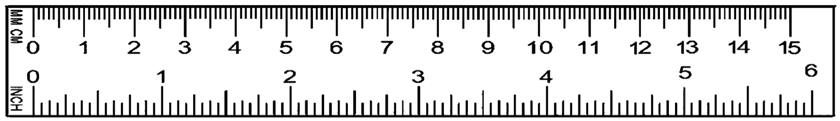 Centimeter marks along the top edge of a ruler and inch marks along the bottom edge. The same length that holds more than 15 centimeters holds only 6 inches, which shows that an inch is the bigger unit.
