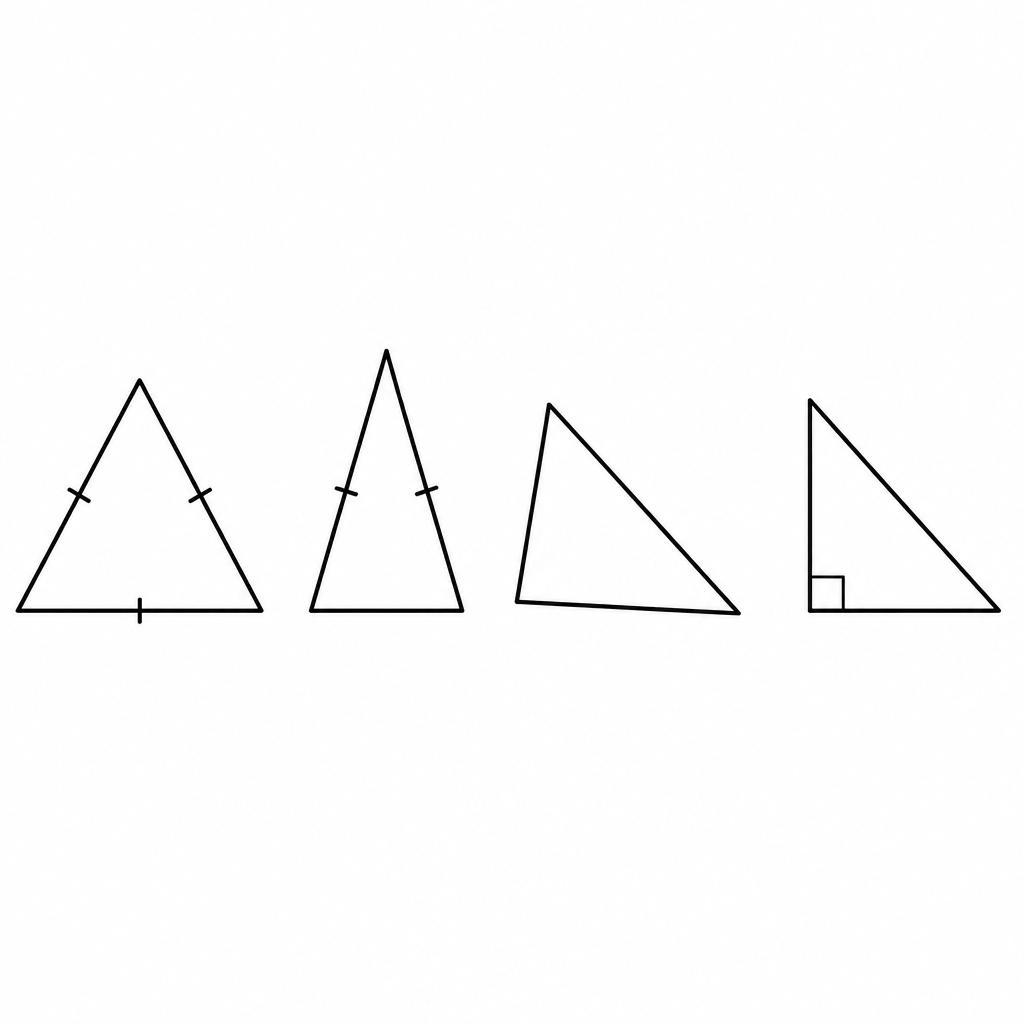 The tick marks and the corner square are what let a triangle be sorted by its sides and by its angles at the same time.