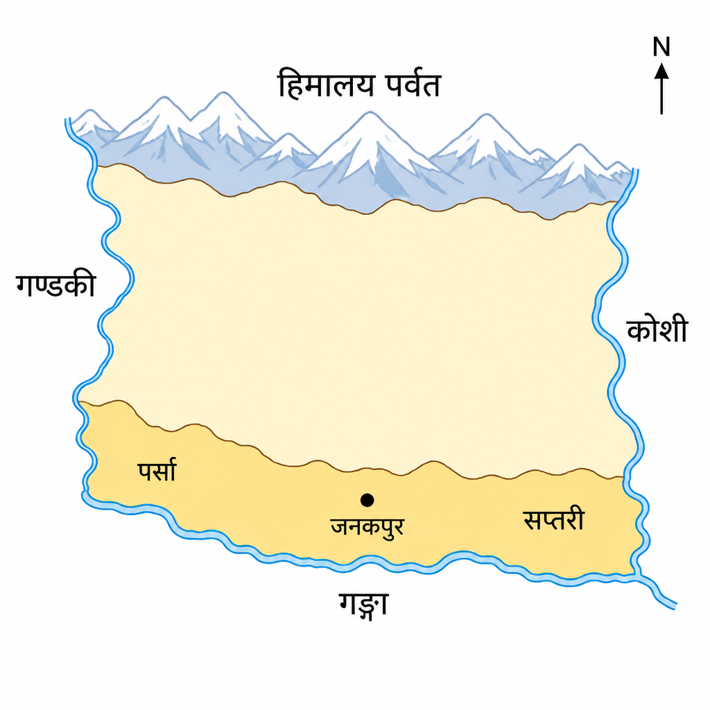 मिथिला राज्यको चार दिशाको सिमाना र त्यसभित्र पर्ने वर्तमान नेपालको सप्तरीदेखि पर्सासम्मको तराई क्षेत्र।