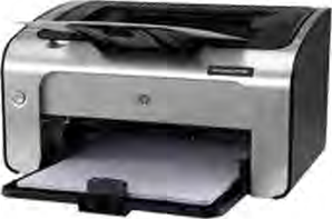 A printer, with the paper tray at the front from which sheets are drawn in and printed.