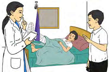 The nurse asks the boy to be quiet because a patient is resting in the silent zone.