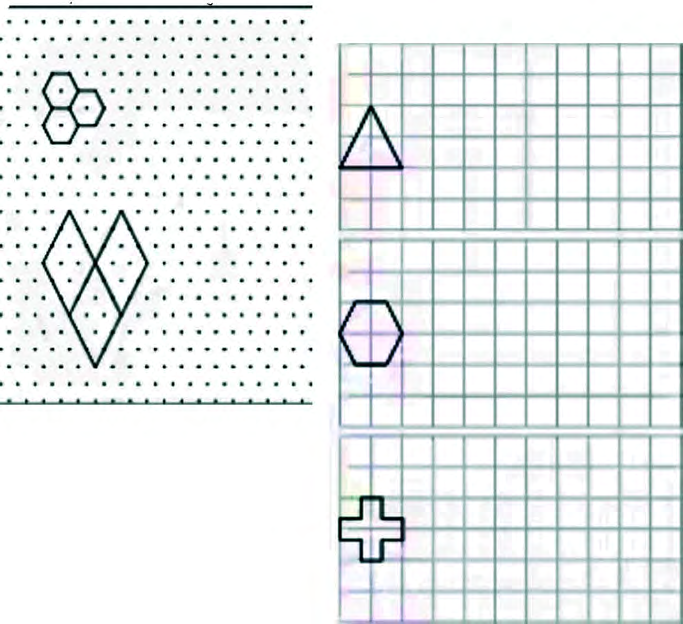 A dotted grid and squared grids, each holding one starting shape that has to be repeated until the whole grid is filled.