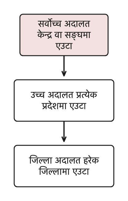 नेपालका अदालतका तीन तह: माथि सङ्घमा सर्वोच्च अदालत, बिचमा प्रत्येक प्रदेशमा उच्च अदालत र तल हरेक जिल्लामा जिल्ला अदालत।