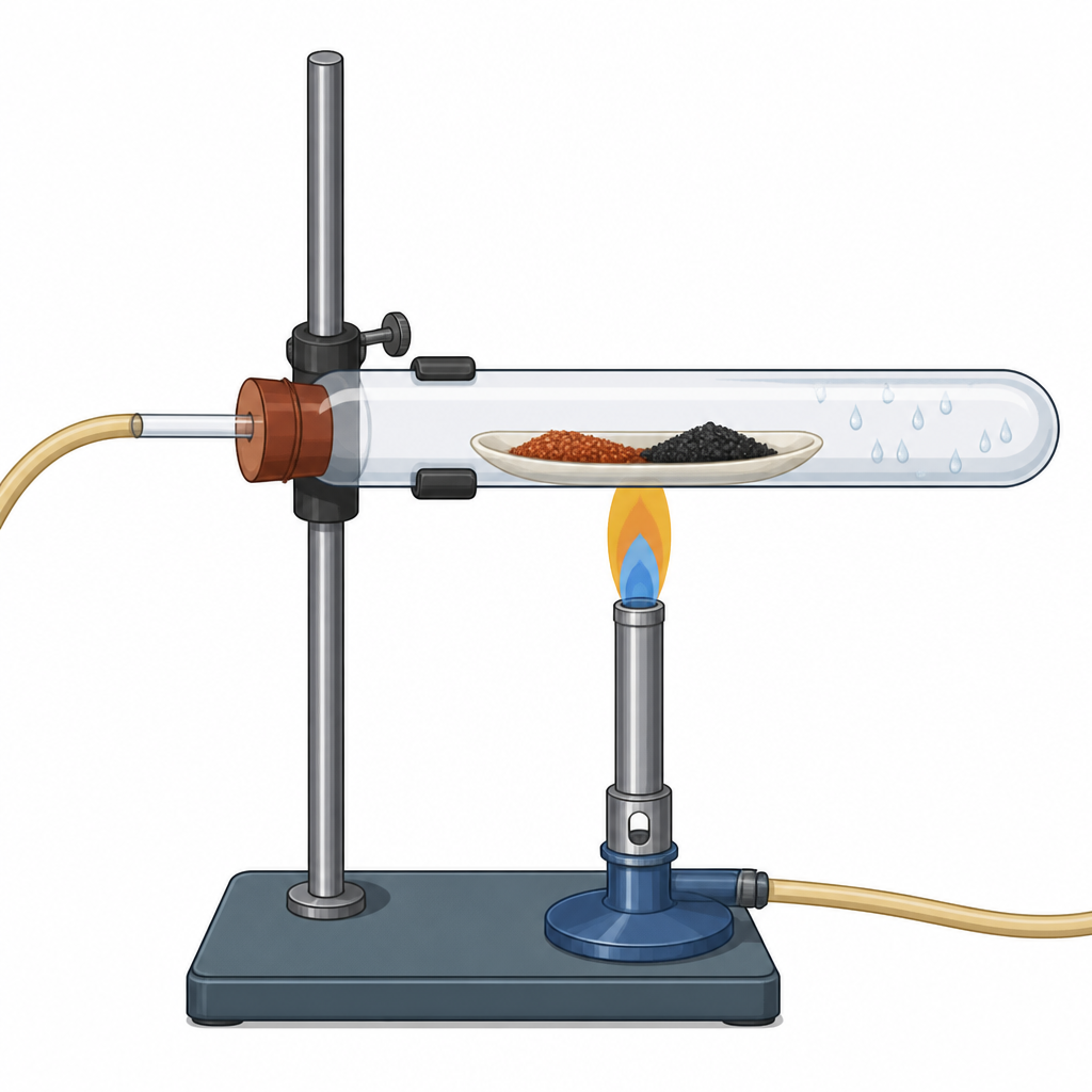 Hydrogen passed over hot copper oxide turns the black powder into reddish-brown copper and leaves drops of water