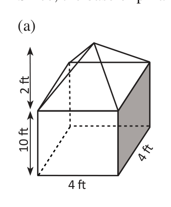 The first pillar: a square prism 10 ft tall with a pyramid 2 ft tall on its 4 ft by 4 ft top.
