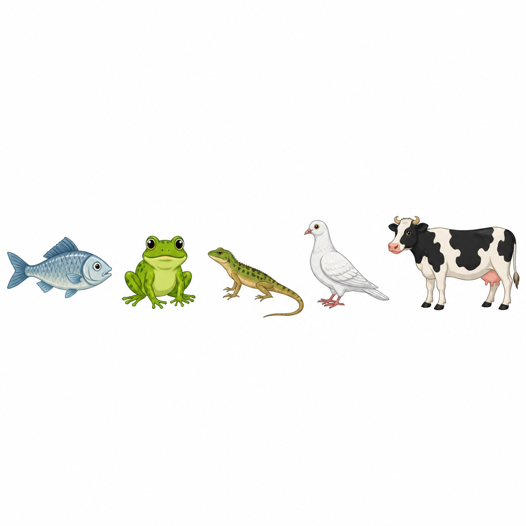One animal from each of the five classes, side by side, so the whole grouping can be taken in at a glance.