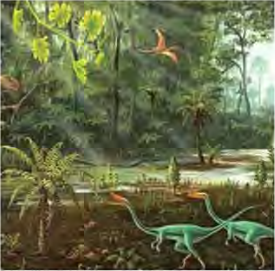 A Mesozoic forest: conifer trees standing where ferns once did, with small dinosaurs moving among them.
