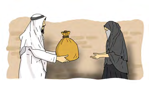 Umar hands over the food he carried himself: the ruler serving one poor family with his own hands.