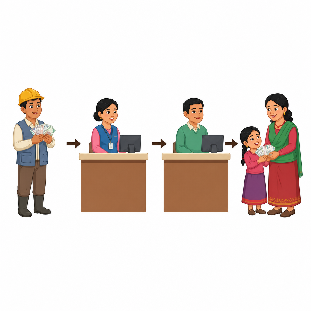 विदेशमा कमाएको रकम वित्तीय संस्थाको बाटो हुँदै नेपालमा रहेको परिवारसम्म पुग्ने क्रम