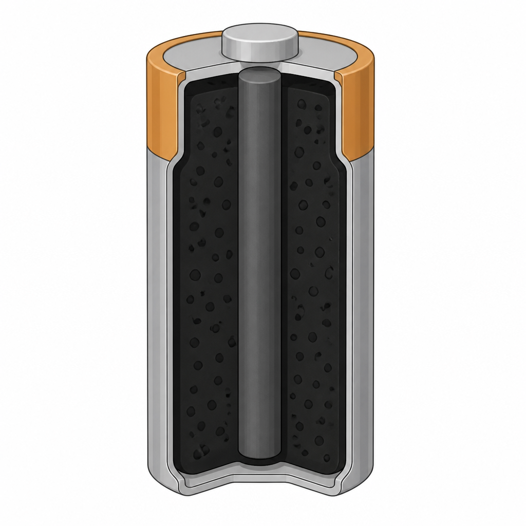 A dry cell shown cut open, with the graphite rod down its centre.