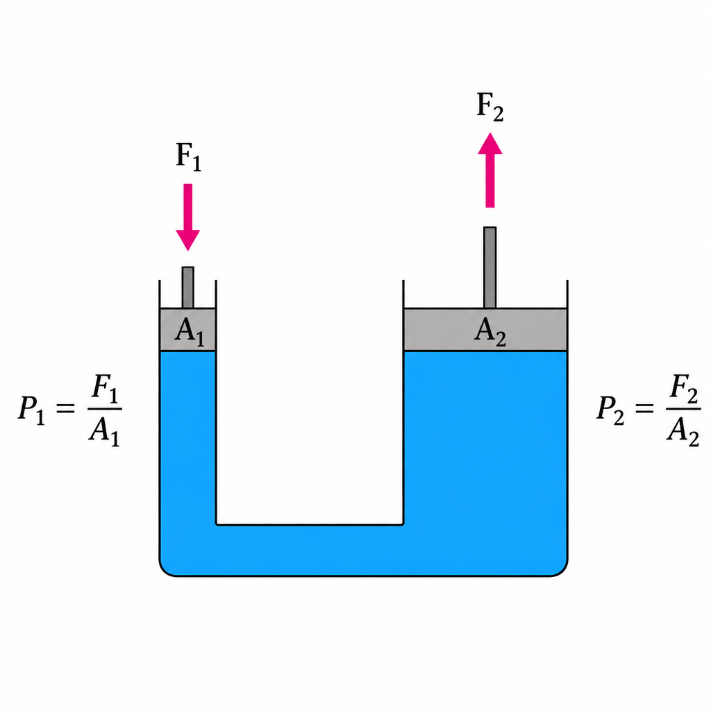 Structure and working principle of a hydraulic machine: input force \( F_1 \) on the small piston of area \( A_1 \), output force \( F_2 \) on the large piston of area \( A_2 \), and the same pressure all through the liquid.