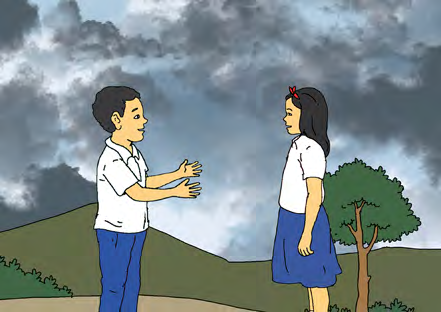 The sky behind Ramesh and Ramila is filling with dark clouds. That is the clue behind the words I think it will rain.