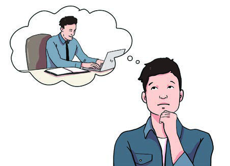 A young man imagining himself working at an office desk, a dream about the job he wants.