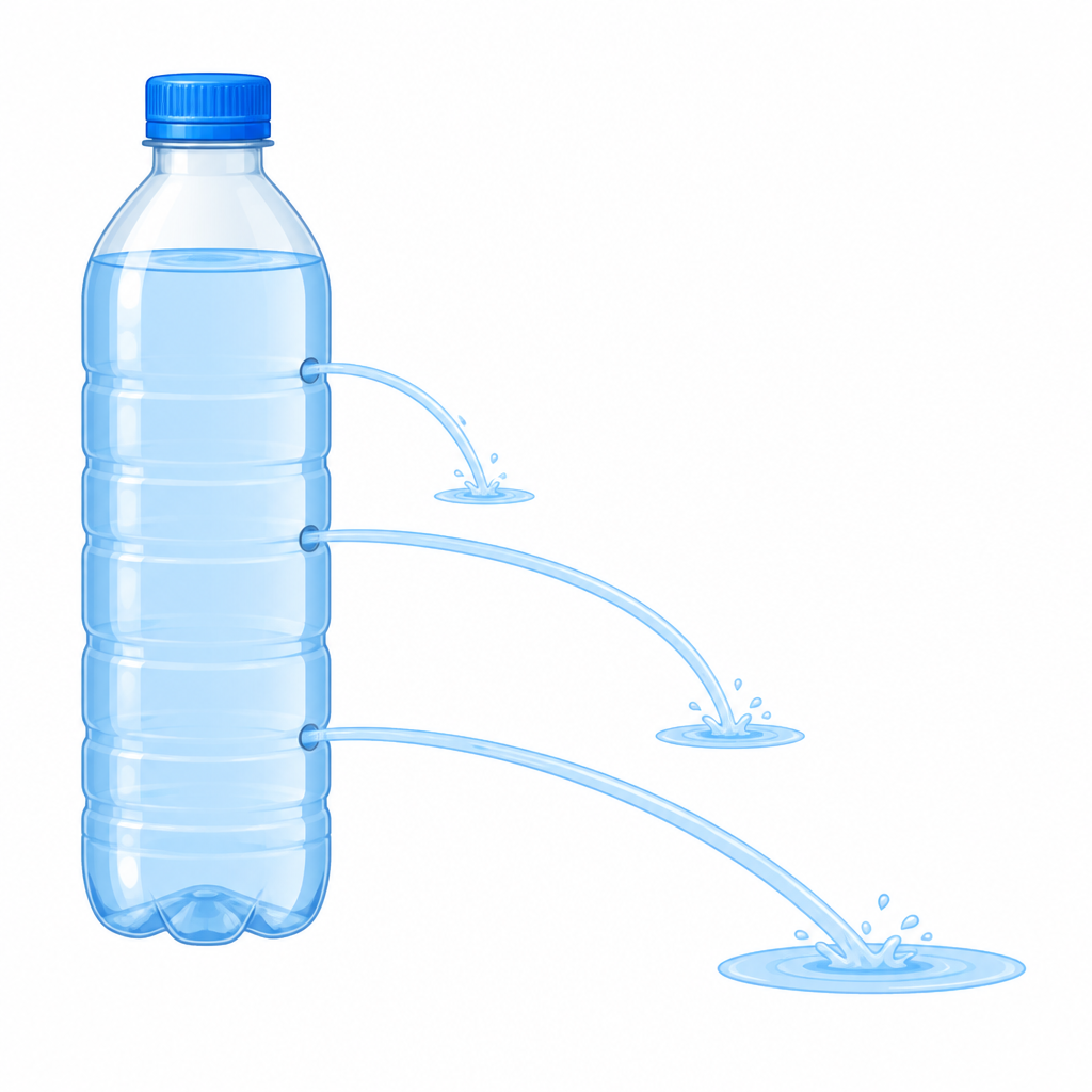 With all three holes opened together, the stream from the lowest hole leaves with the most force and lands furthest away.