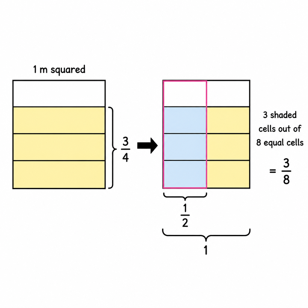 Halving three quarters of a square leaves three of the eight equal parts.