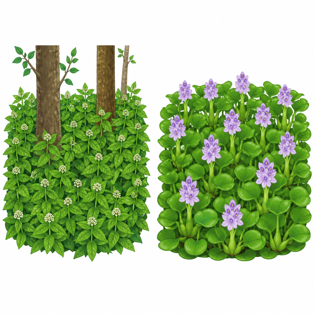 A forest floor smothered by banmara and a pond sealed over by water hyacinth, showing how an invasive species takes a place over.