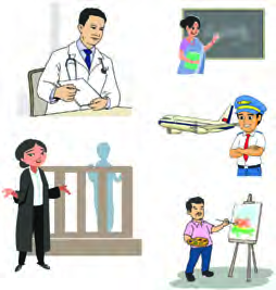 A doctor, a teacher, a lawyer, a pilot and a painter, each one busy at their own work.