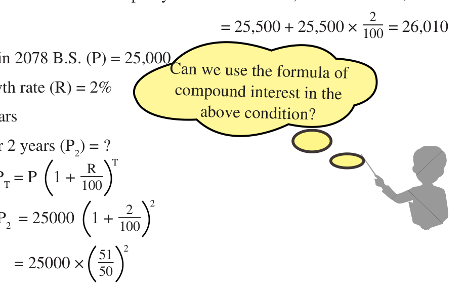 The same percentage added each year to a growing number is exactly how compound interest works, so its formula can be used here.