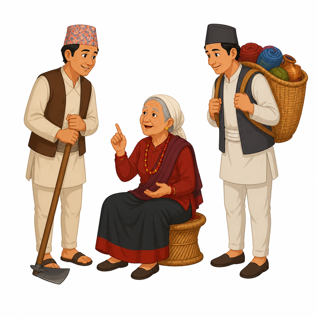 घरका पुरुष खेती र व्यापारमा जानुअघि नारीको सल्लाह लिन्थे भन्ने कुरा देखिने चित्र।