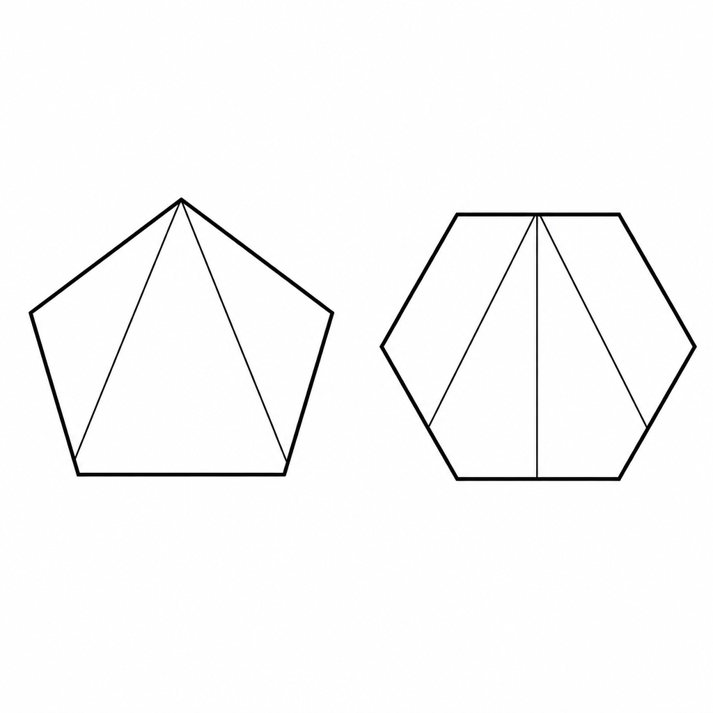 Diagonals from one vertex cut a pentagon into 3 triangles and a hexagon into 4, which is where the rule of n minus 2 comes from.