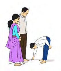 A boy bends to touch an elder's feet. Some rules are about respect, not safety.