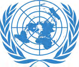संयुक्त राष्ट्रसङ्घको आधिकारिक छाप (UNITED NATIONS), जसमा जैतुनका हाँगाले घेरिएको संसारको नक्सा देखिन्छ।