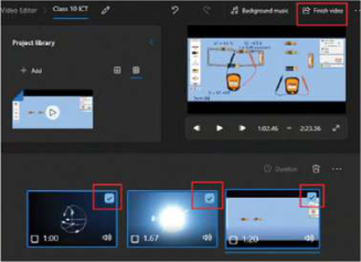The three clips side by side in the editing panel, all selected, with Finish video at the top right.