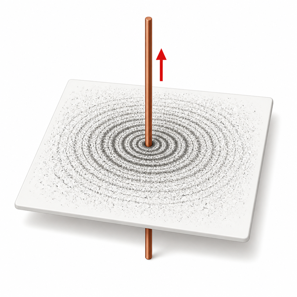 Iron dust settling in rings shows that the magnetic field around a straight current-carrying wire is circular.