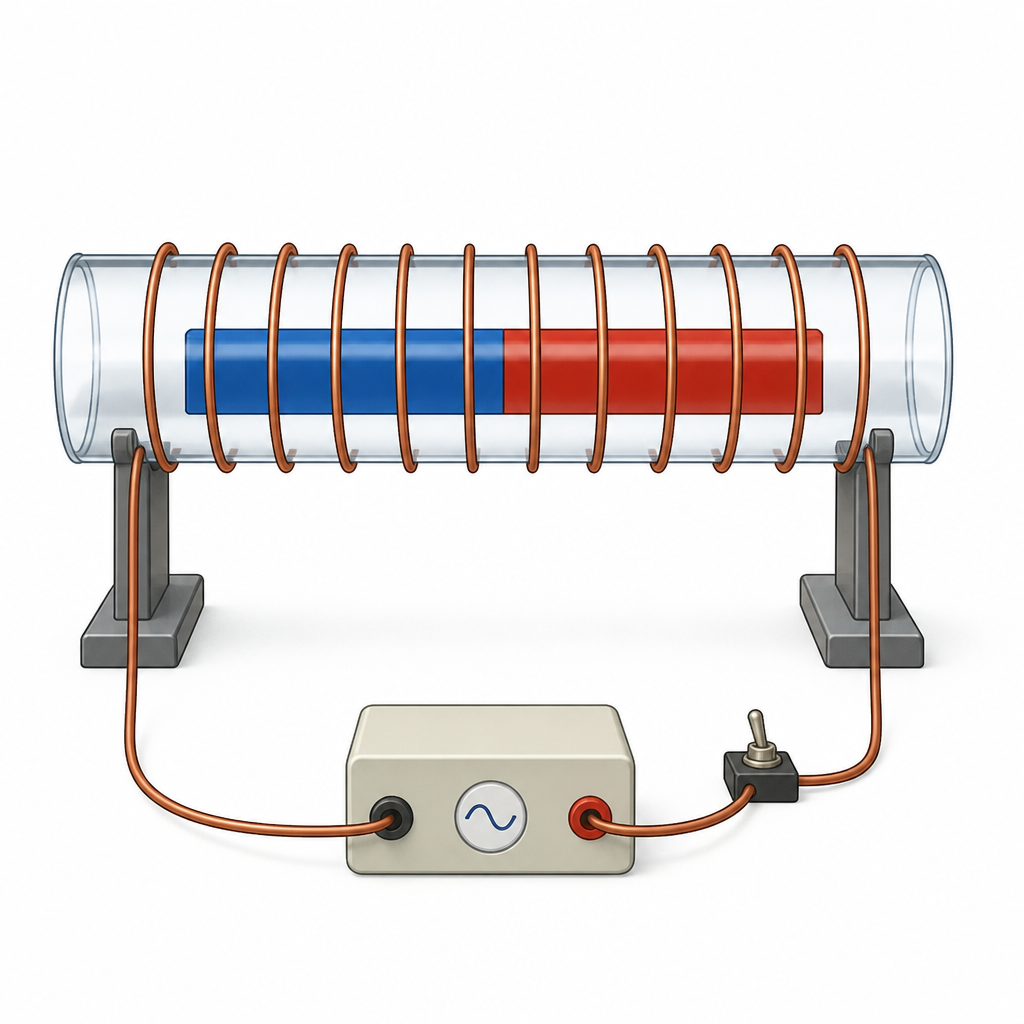 A magnetised bar lying inside a coil of insulated copper wire, with the coil joined to a low voltage alternating current supply. This is the arrangement that takes the magnet's power away.