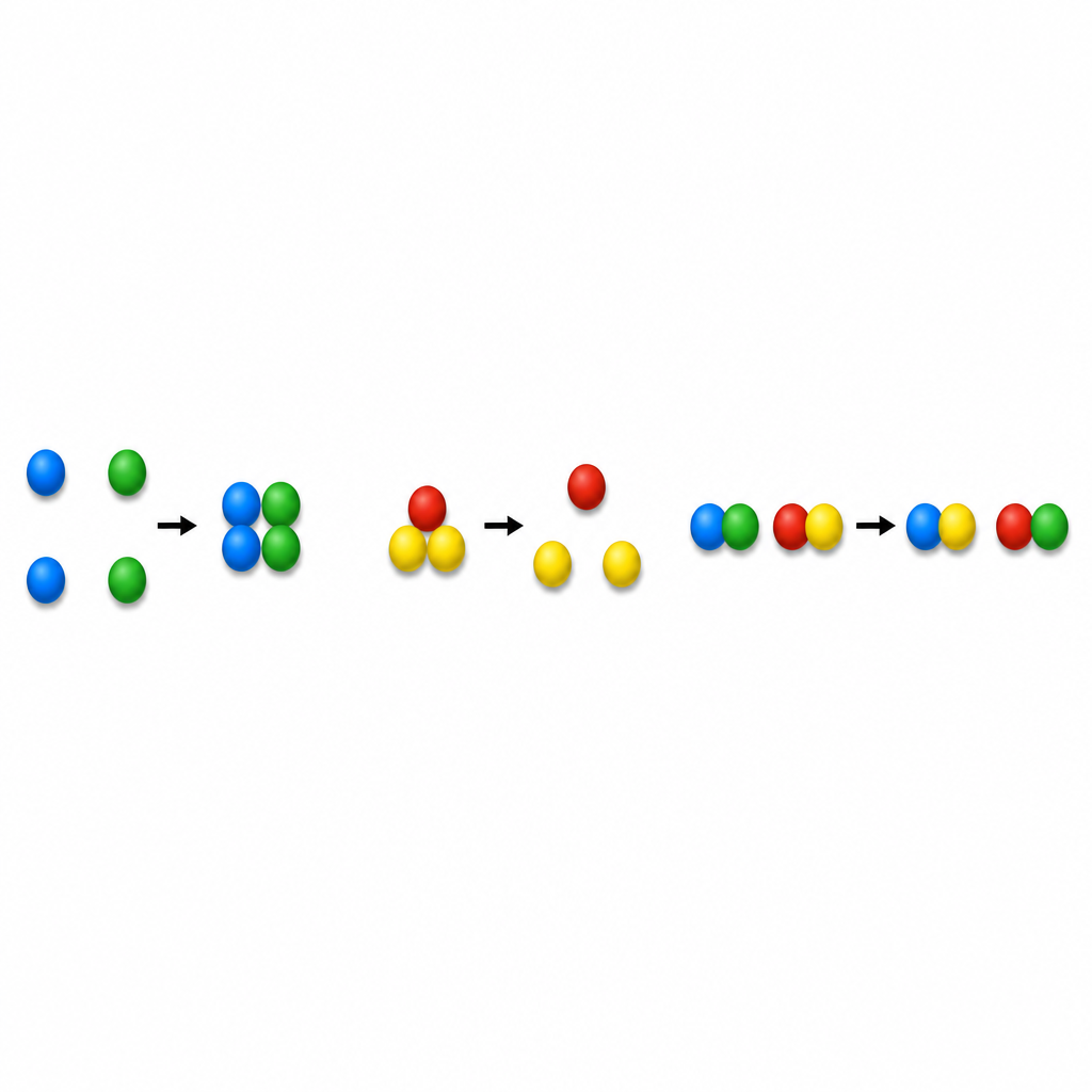 The three things atoms do in a chemical change: they join, they come apart, and they swap partners. No atom is ever made or lost, only rearranged.