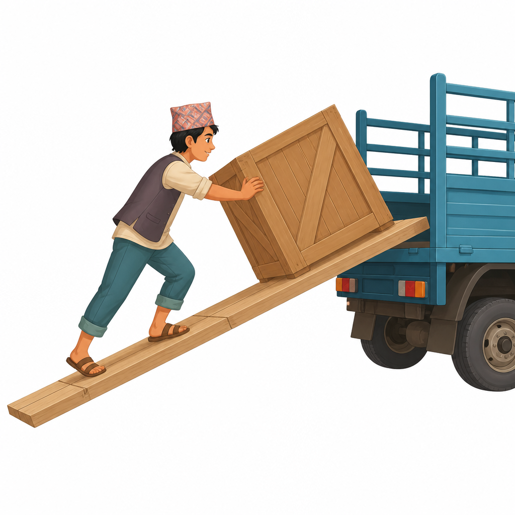 A heavy crate pushed along a sloping plank reaches the top with less force. That sloping surface is the inclined plane.