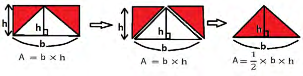 The two spare corners of the rectangle cover the triangle inside it exactly, which is why the triangle is half the rectangle.
