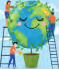 People care for a smiling Earth as if it were a plant: the idea behind Earth Day.