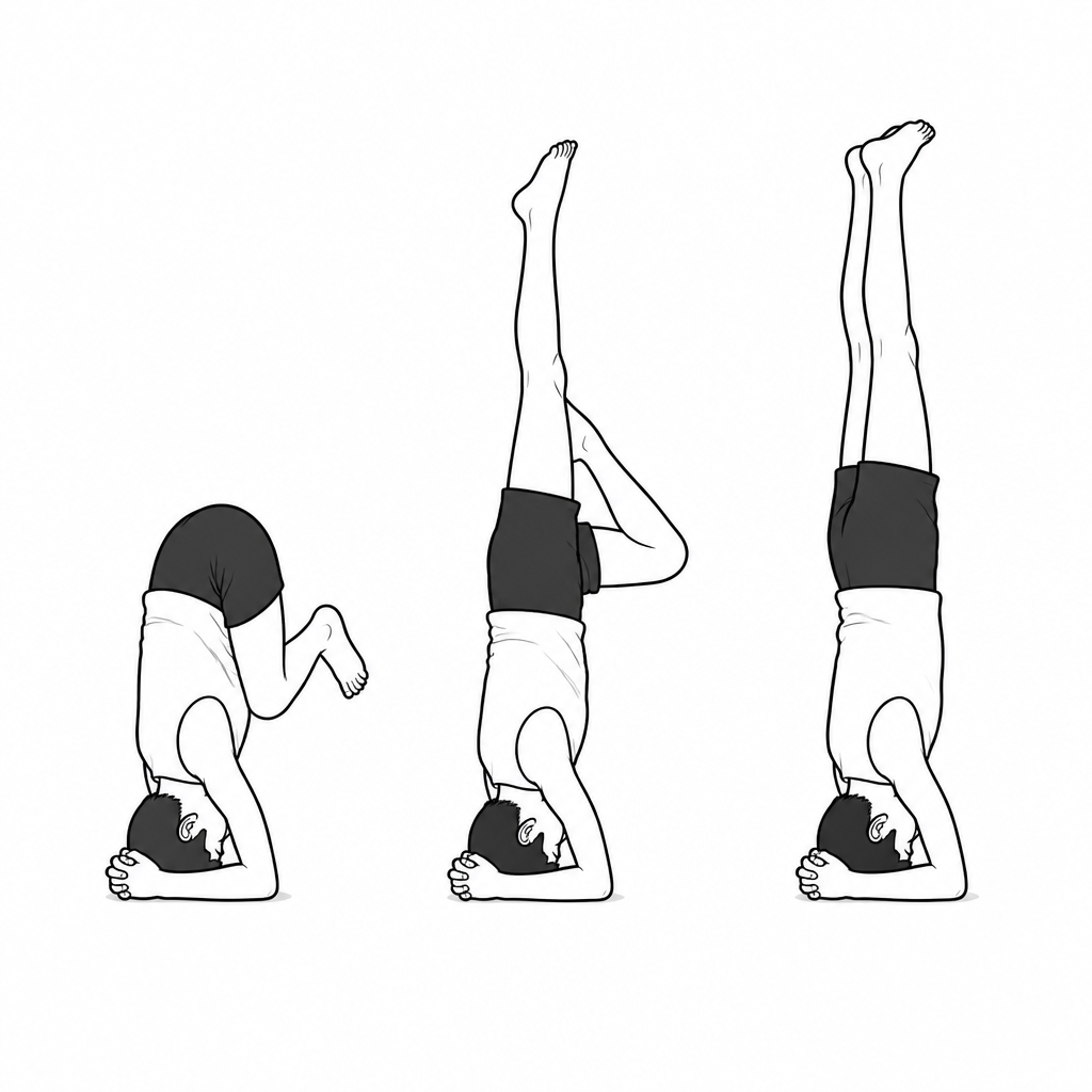 Shirshasana built up in three stages: first the knees bent and tucked in, then one leg straightened upwards, then both legs straight up