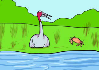 The crane sat by the pond while the crab listened to his story about the fisherman.