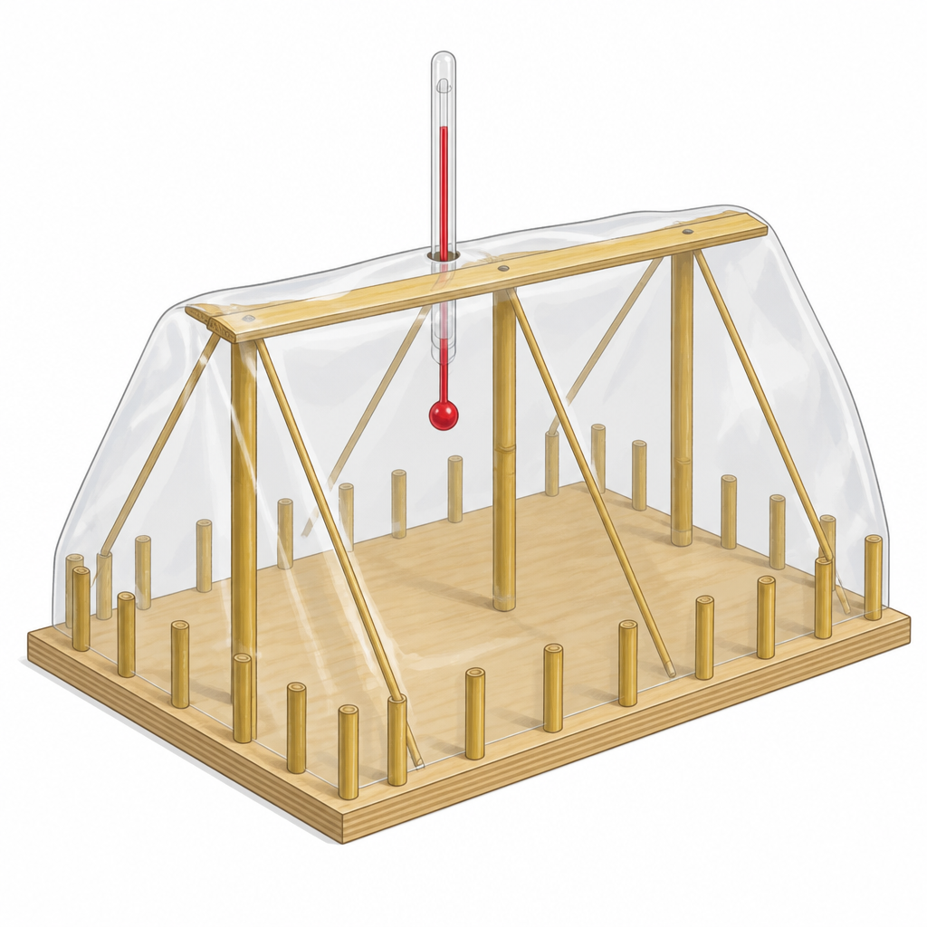 The model greenhouse with a thermometer pushed inside, which shows that the temperature in it rises above the temperature outside.