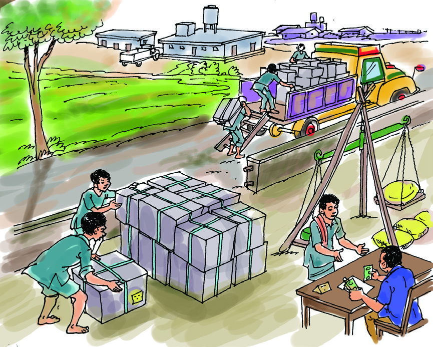 सामान तौलेर, गाडीमा लोड गरेर ओसारपसार गरिँदै गरेको दृश्य।