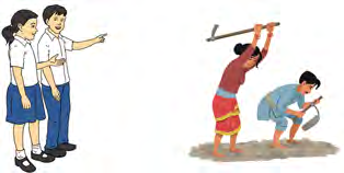 Two students pointing at farmers who are digging in the field.