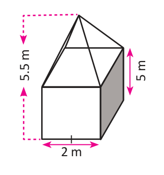 The stupa: a square prism with base side 2 m and height 5 m, topped by a pyramid, 5.5 m high in all.