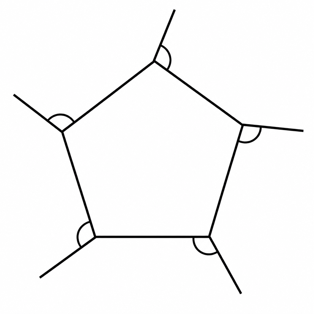 Extending each side the same way round makes one exterior angle at every vertex, and those five together come to 360 degrees.